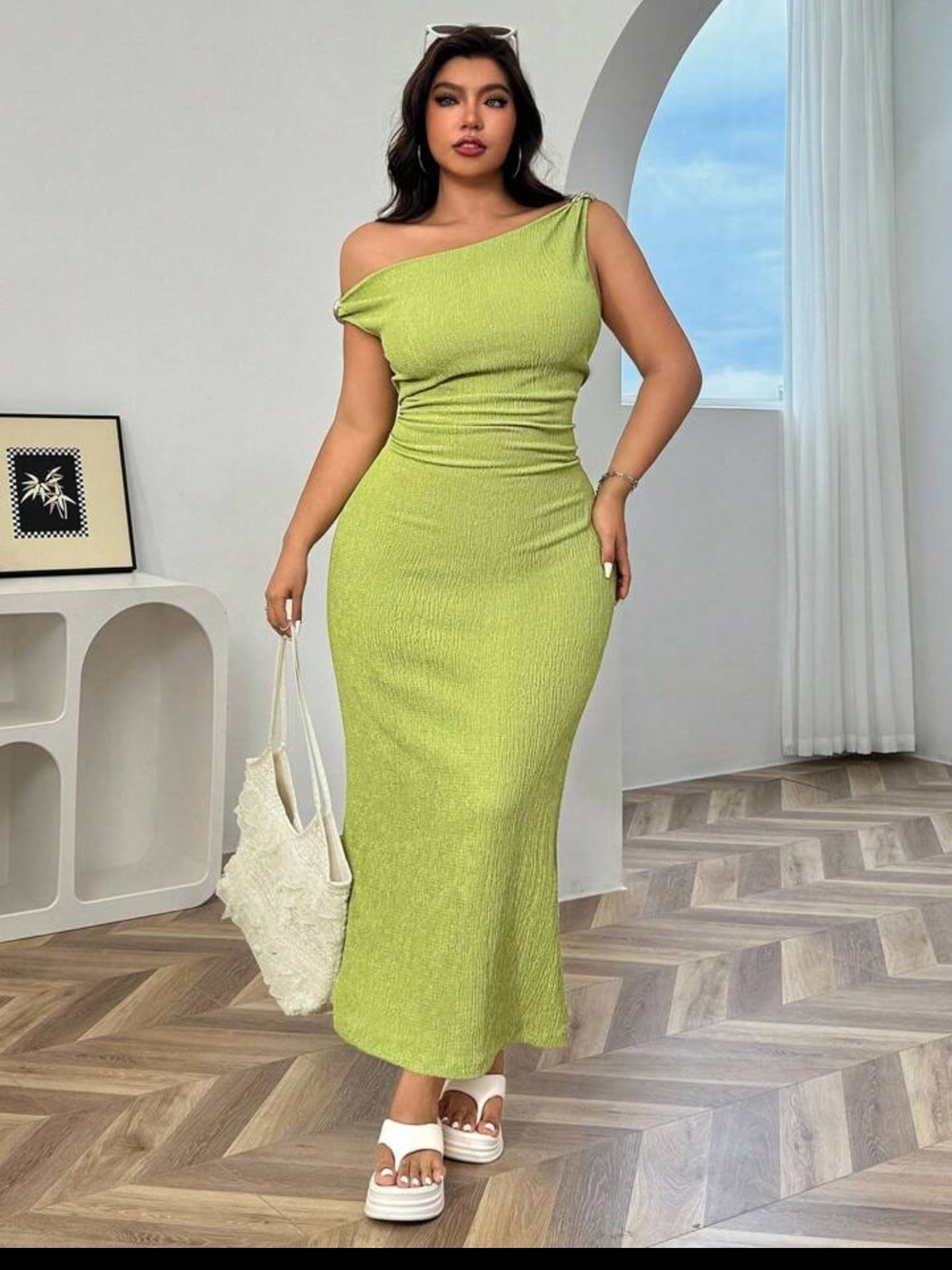 One-Shoulder Lime Green Ribbed Maxi Dress